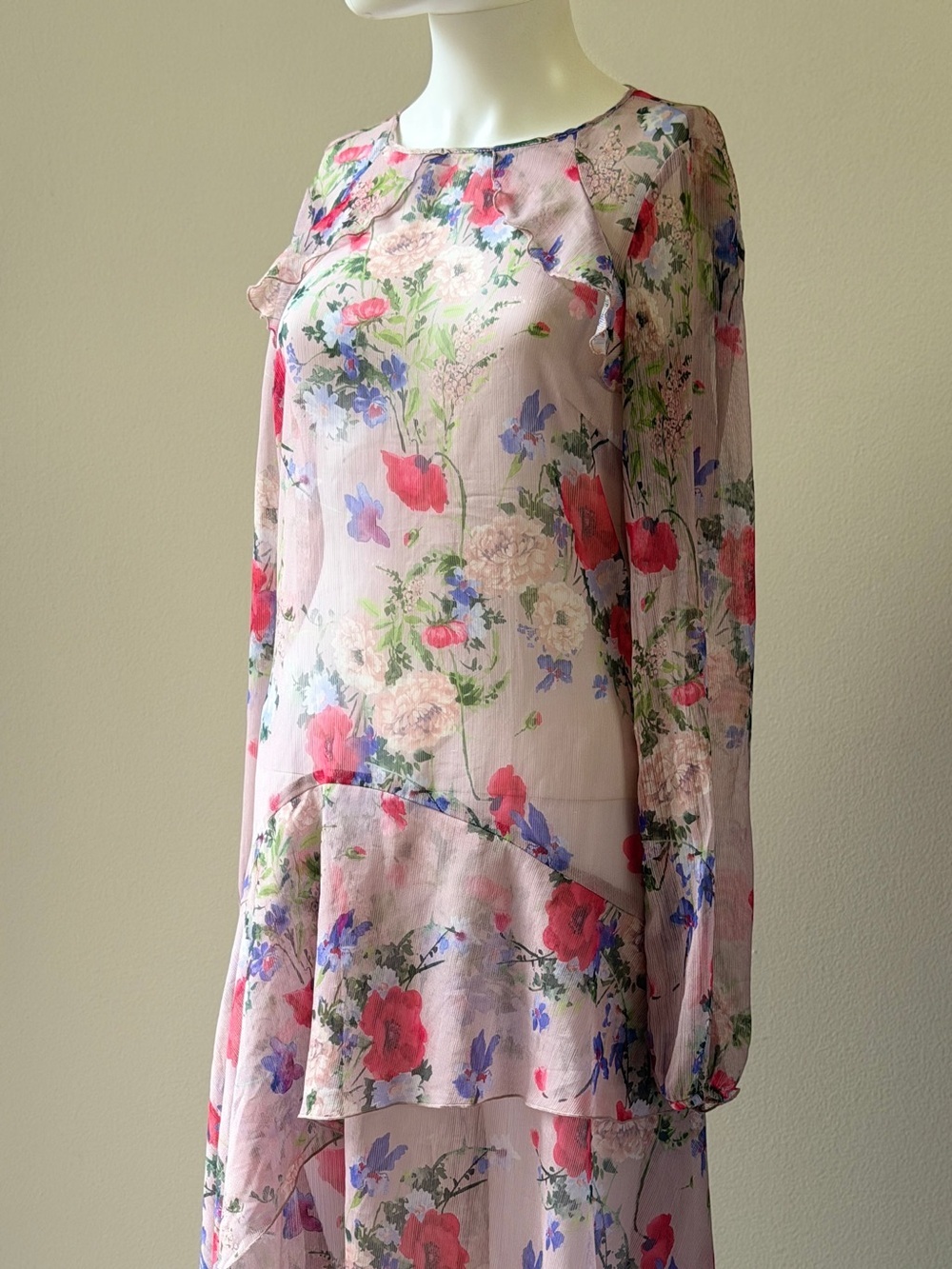 Vintage Pink Floral Sheer Long-Sleeve Dress
